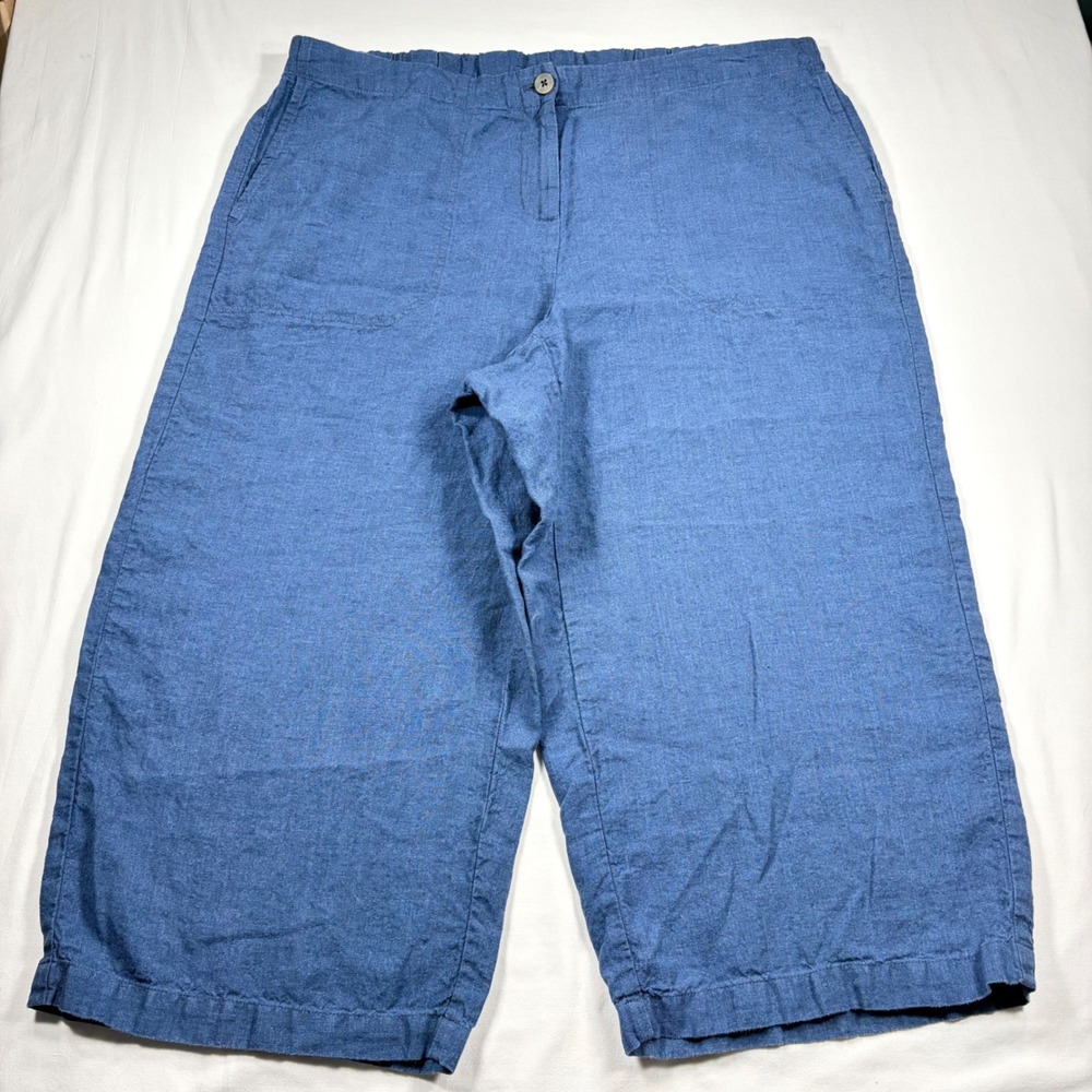 J. Jill Love Linen Blue Crop Pants XL Petite Wide Leg Elastic Waist Pockets